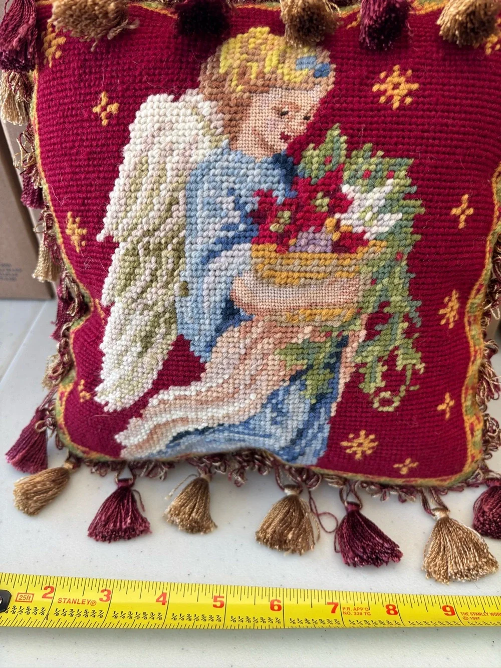 Holiday Angel Needlepoint Pillow - Red vintage